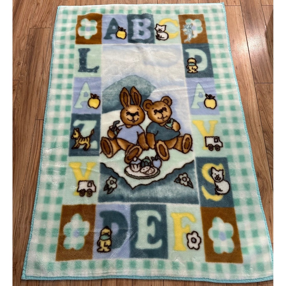 Vintage Lazy Days Teddy Bear Bunny Blanket Pastel Baby Blanket Minky 60 x 38
